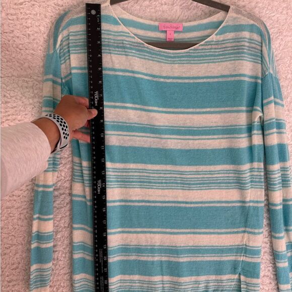 small- Lilly Pulitzer Teal and white Striped Long Sleeve Top linen sweater - Picture 6 of 8